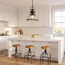Clear Glass Bowl Pendant Light above a kitchen island
