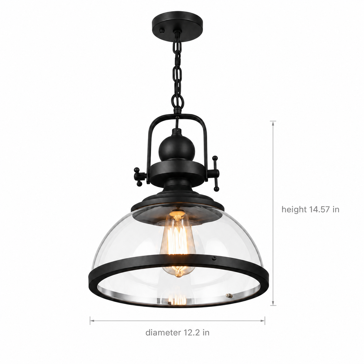 Clear Glass Bowl Pendant Light on white background with dimensions