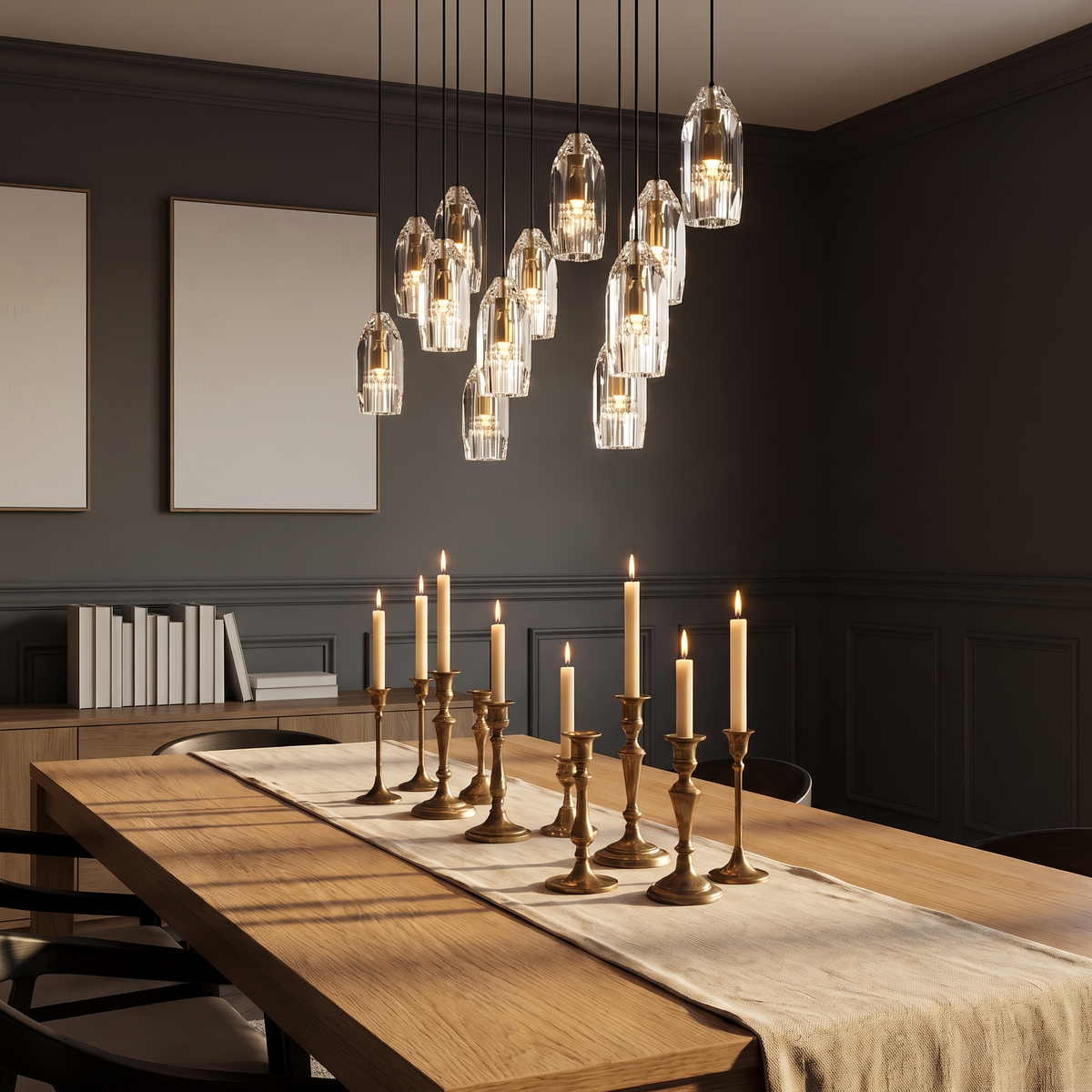 Crystal Geometric Mini Pendant Lights clustered over a dining table