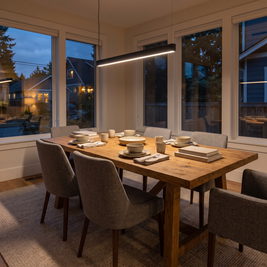 Modern LED Linear Suspension Light over a dining table