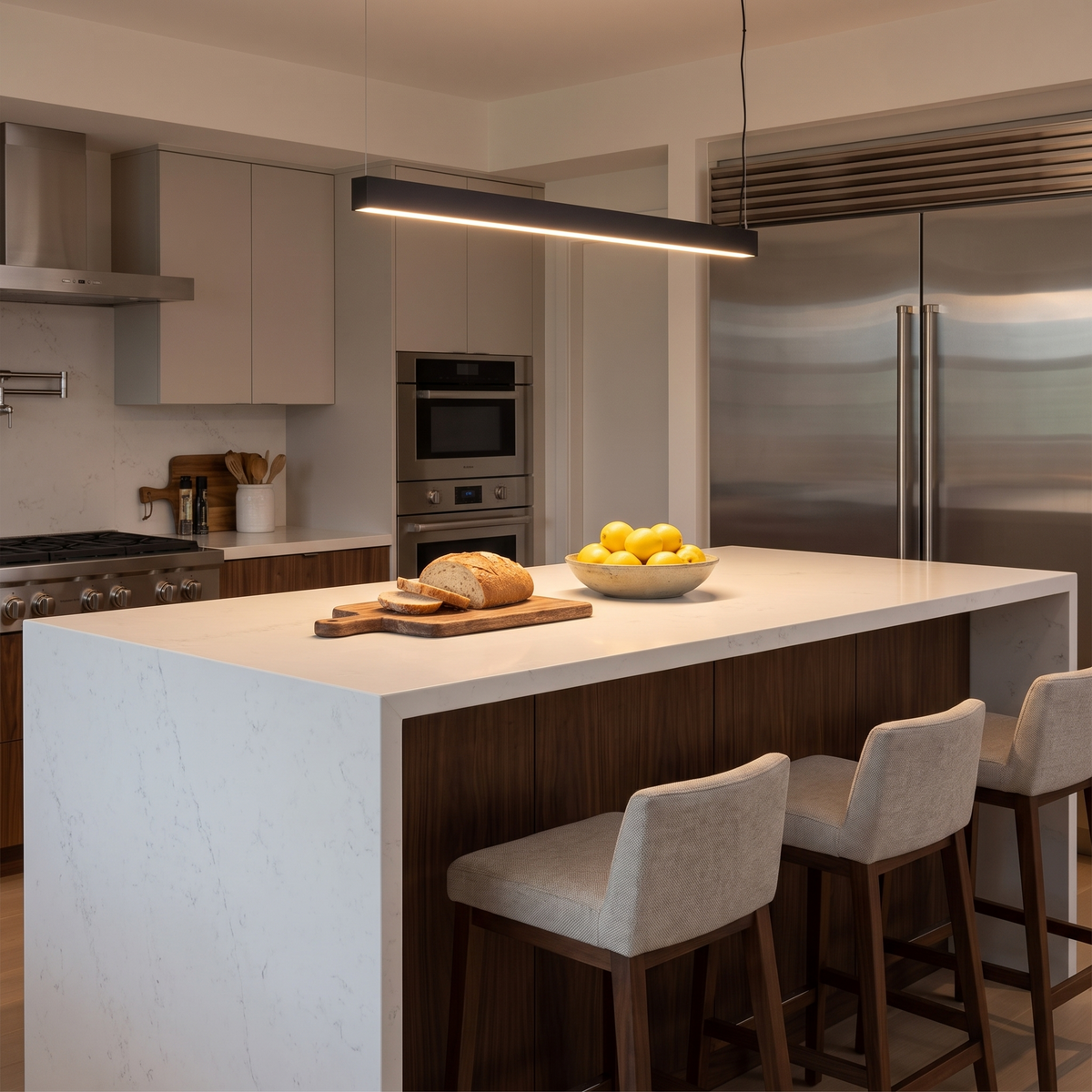 Modern LED Linear Suspension Light above a kitchen island