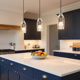 Crystal Geometric Mini Pendant Lights above a kitchen island
