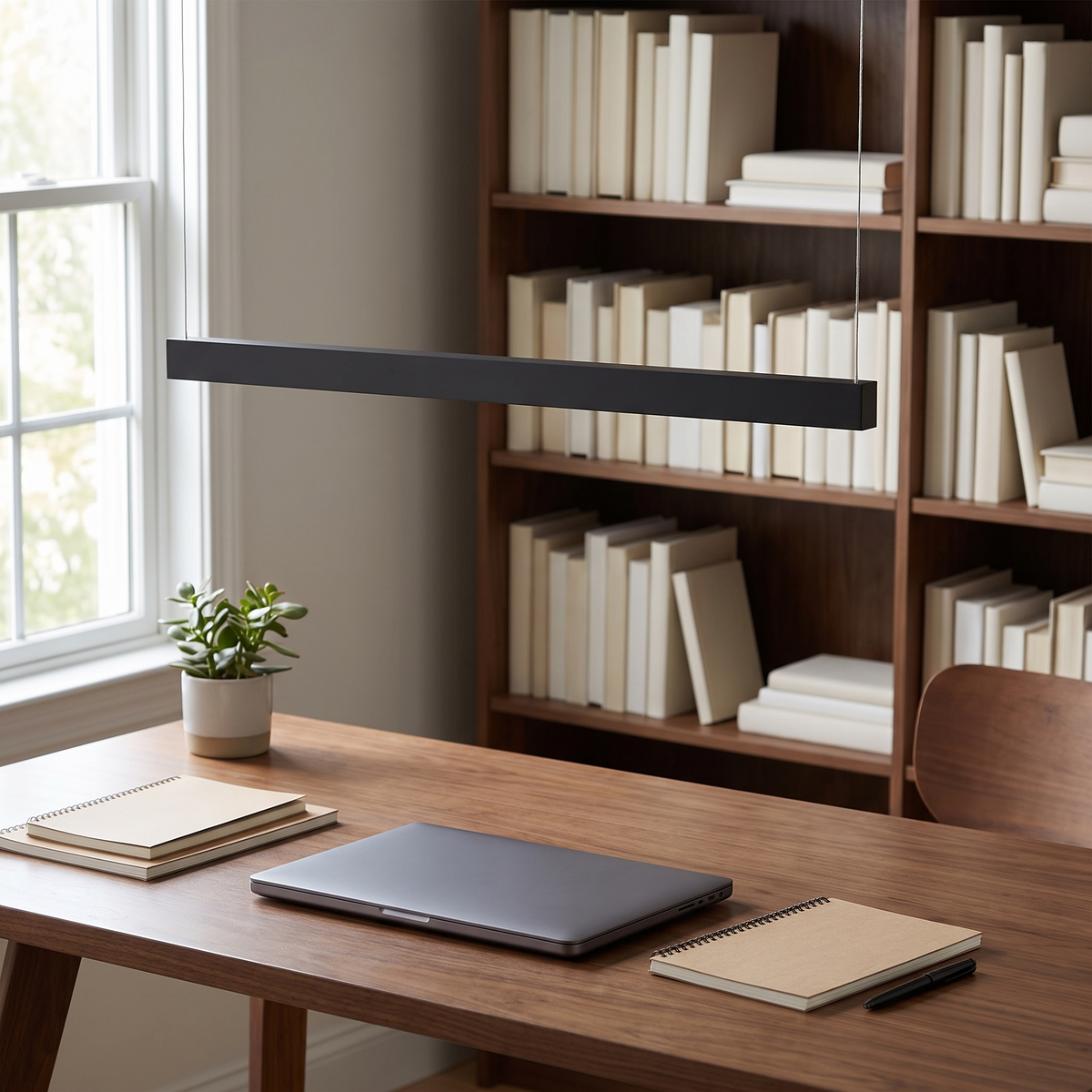 Modern LED Linear Suspension Light above a home office desk