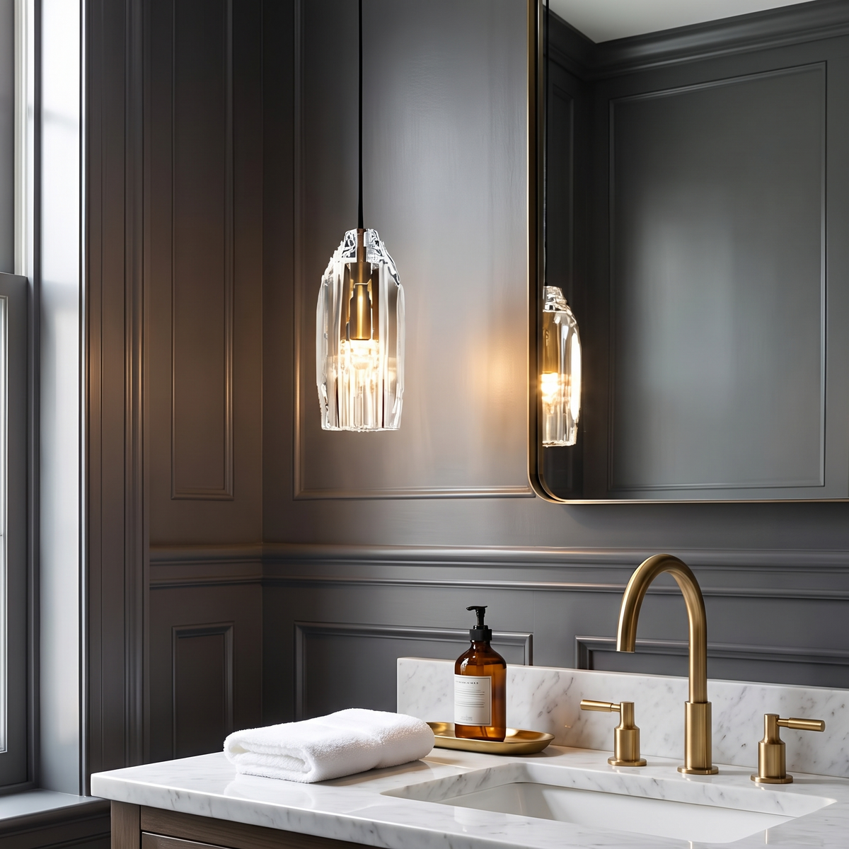 Crystal Geometric Mini Pendant Light over a powder room vanity