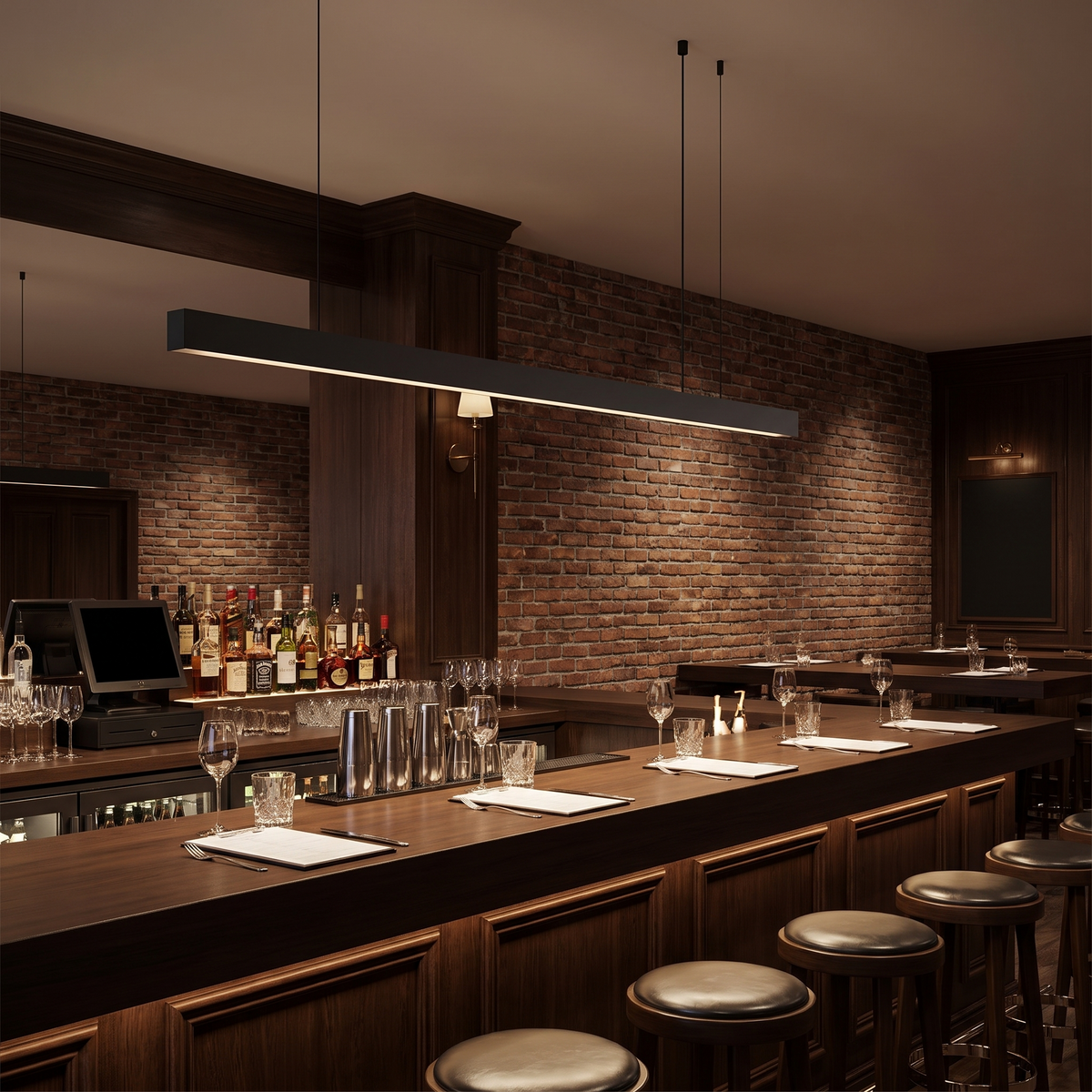 Modern LED Linear Suspension Light over a bar counter