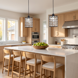 Crystal Cylinder Pendant Lights above a kitchen island