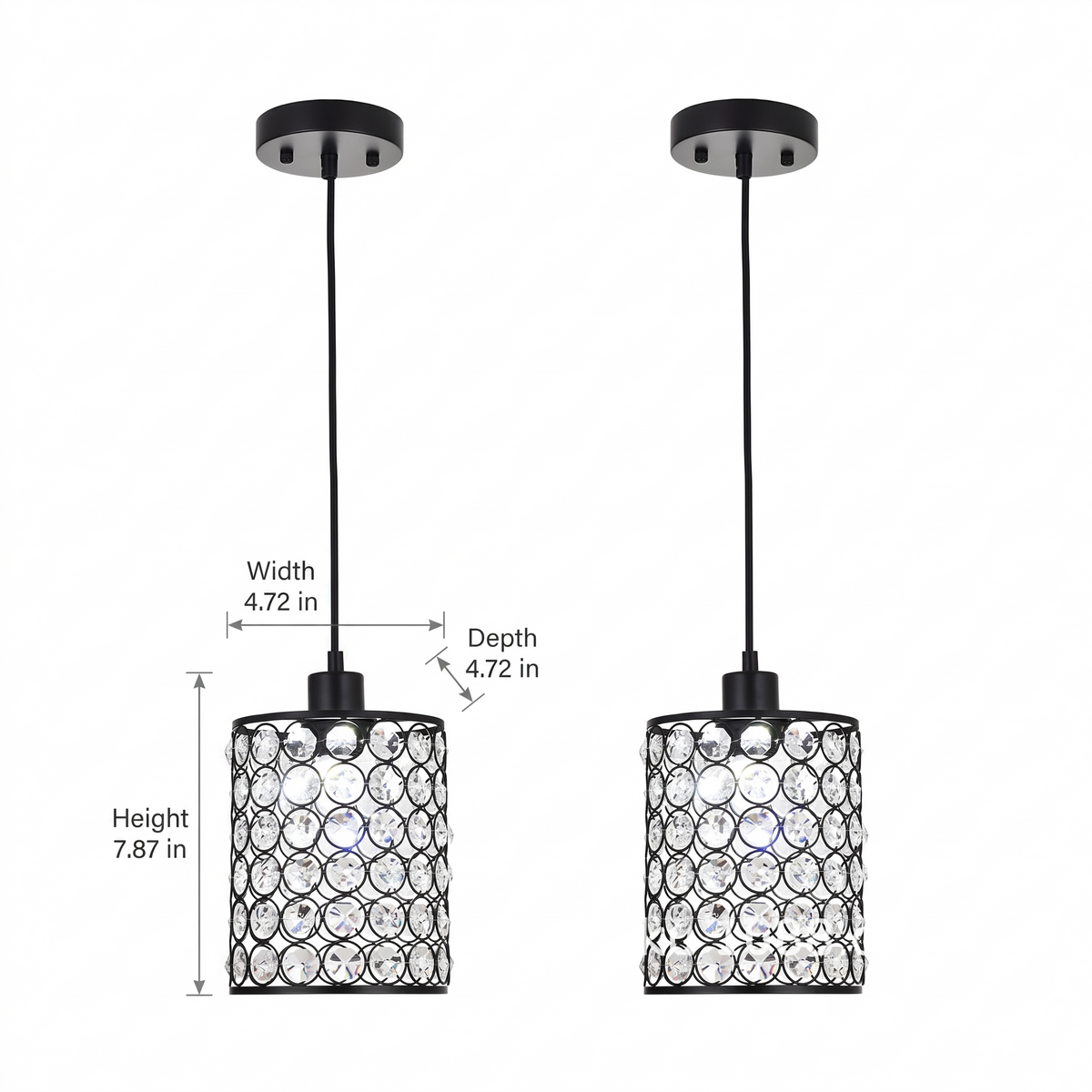 Crystal Cylinder Pendant Light set of 2 on white background with dimensions