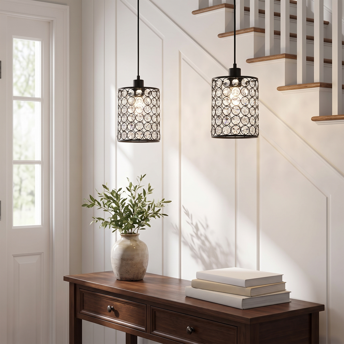 Crystal Cylinder Pendant Lights in an entryway