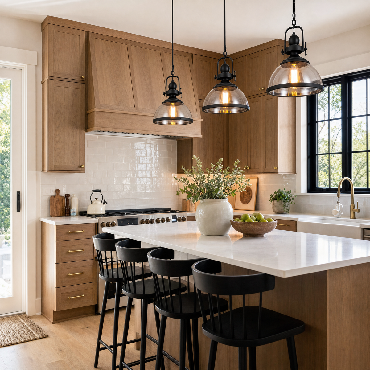 Clear Glass Bowl Pendant Lights above a wood kitchen island
