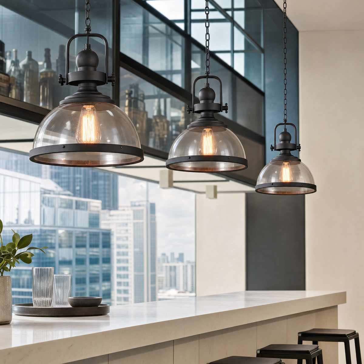 Clear Glass Bowl Pendant Lights in a modern room with city views