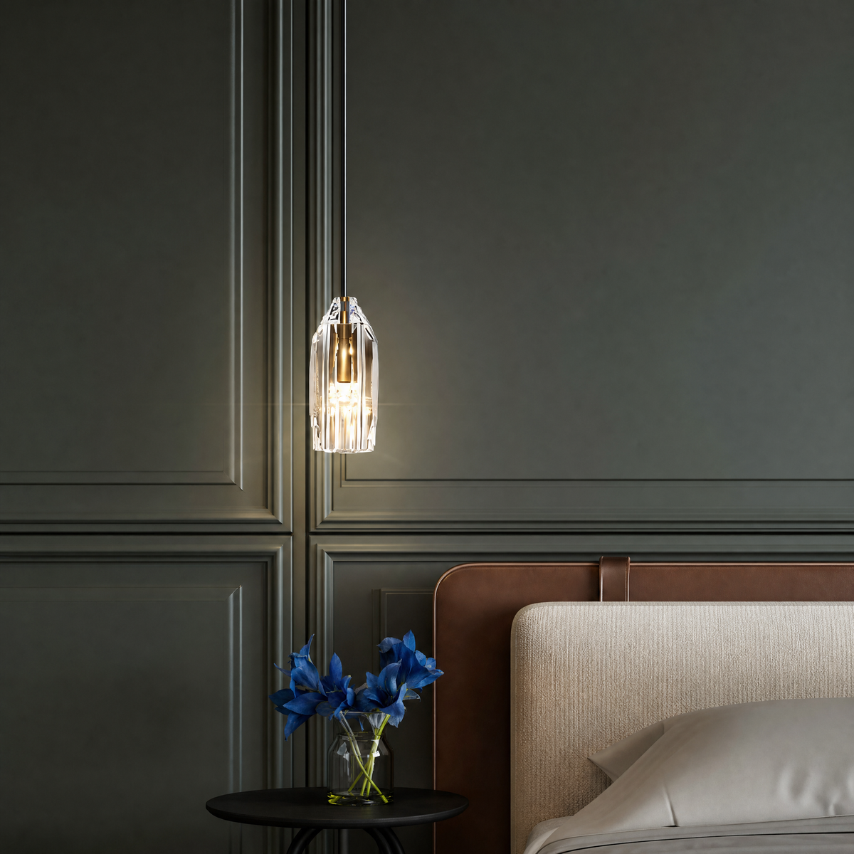 Crystal Geometric Mini Pendant Light against a green panelled wall