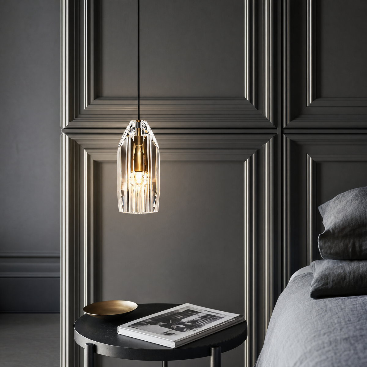 Crystal Geometric Mini Pendant Light beside a bed