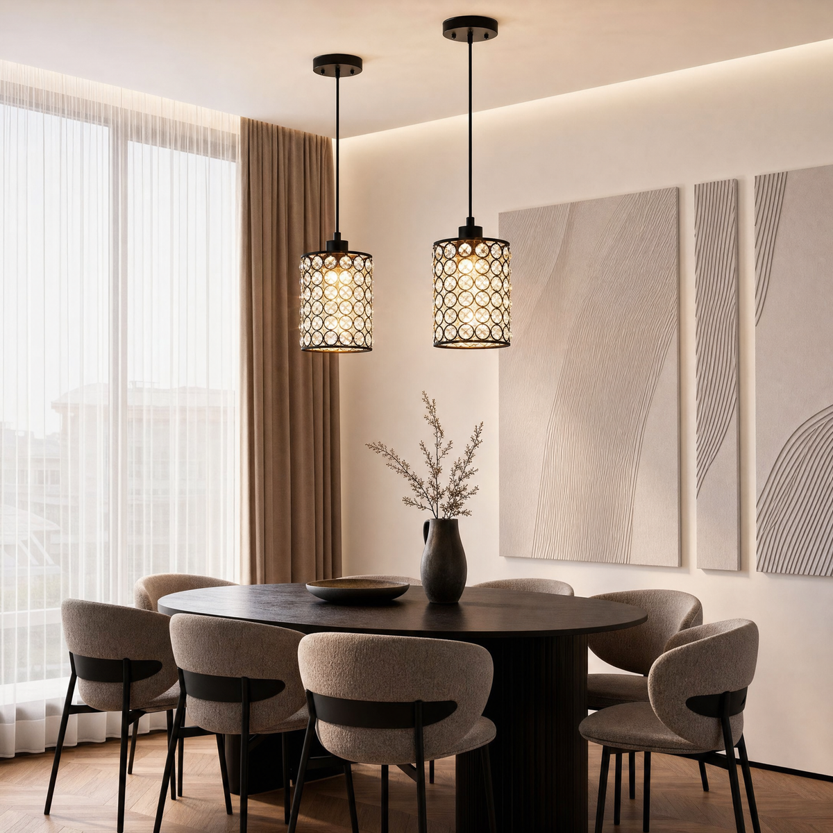 Crystal Cylinder Pendant Lights above a dining table