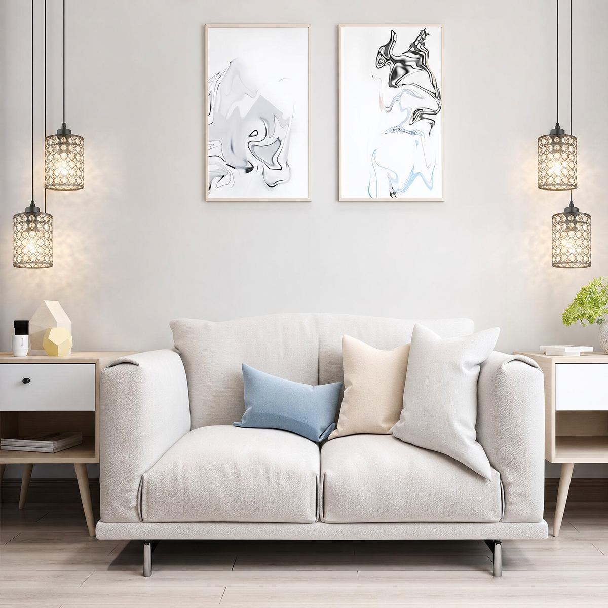 Crystal Cylinder Pendant Lights in a living room