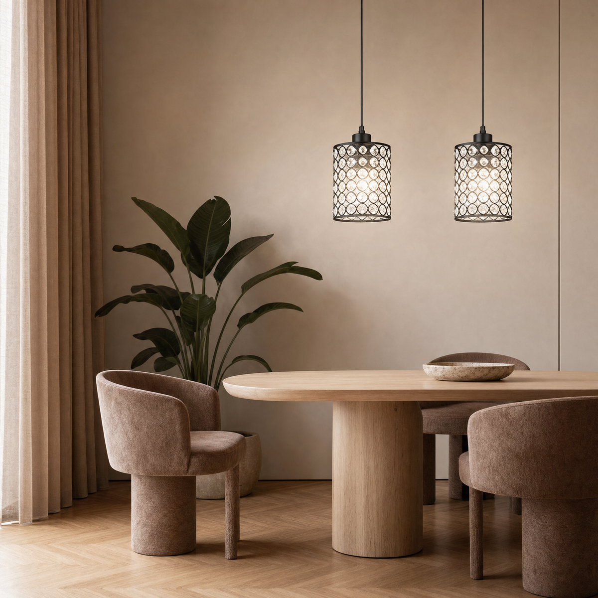 Crystal Cylinder Pendant Lights in a small dining area