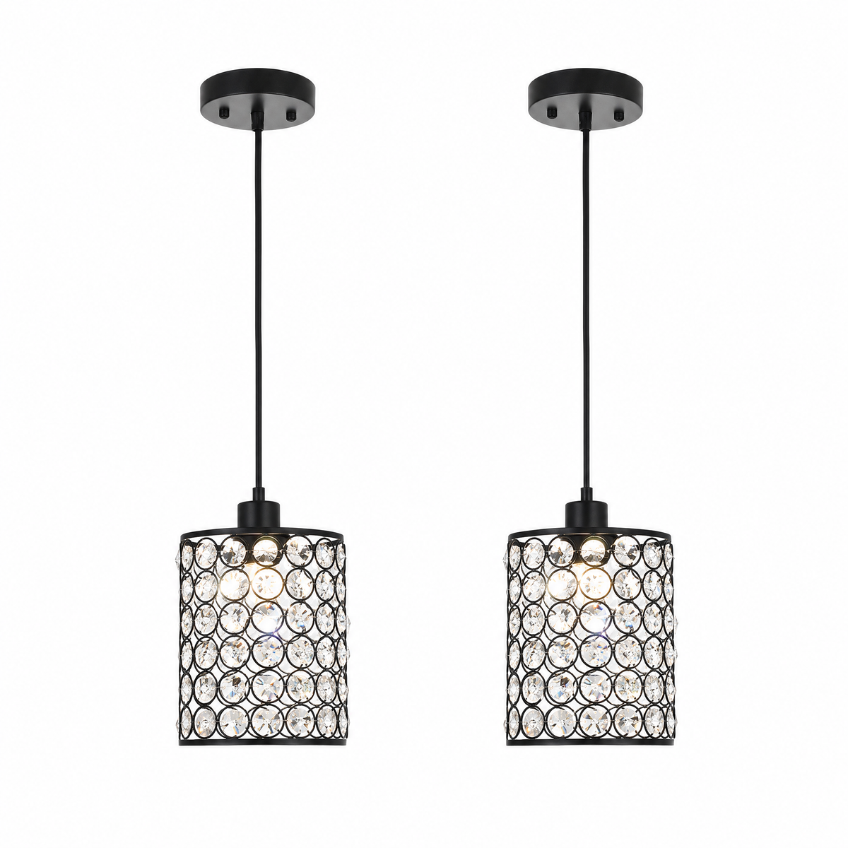 Crystal Cylinder Pendant Light set of 2 in black on a white background