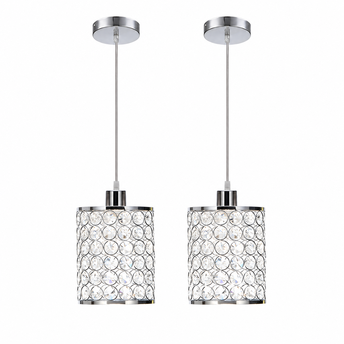 Crystal Cylinder Pendant Light set of 2 in chrome on a white background
