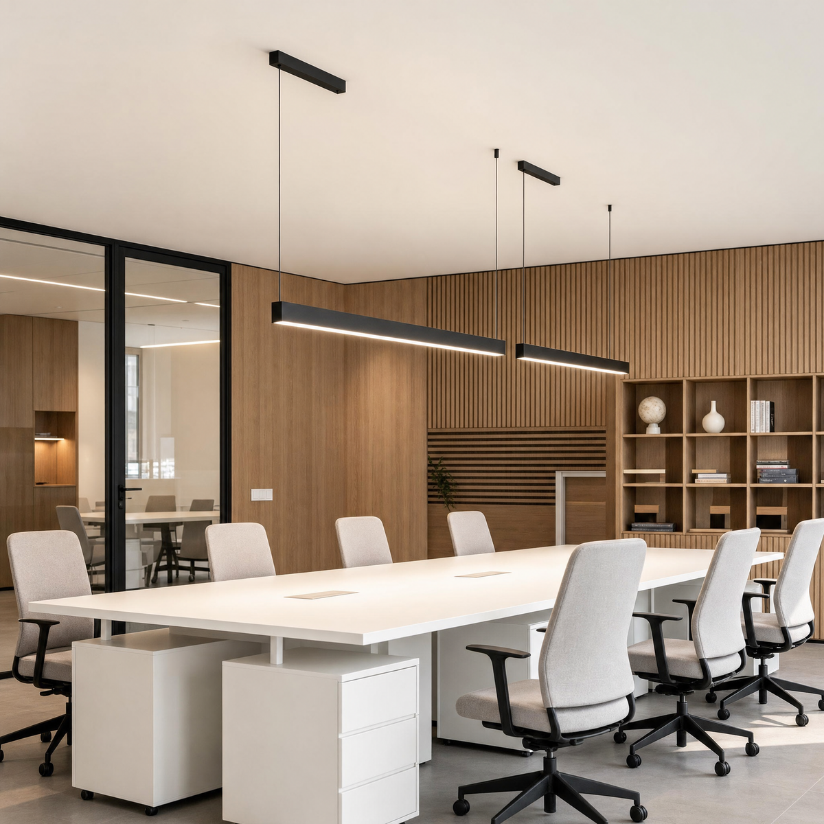 Modern LED Linear Suspension Light above a conference table