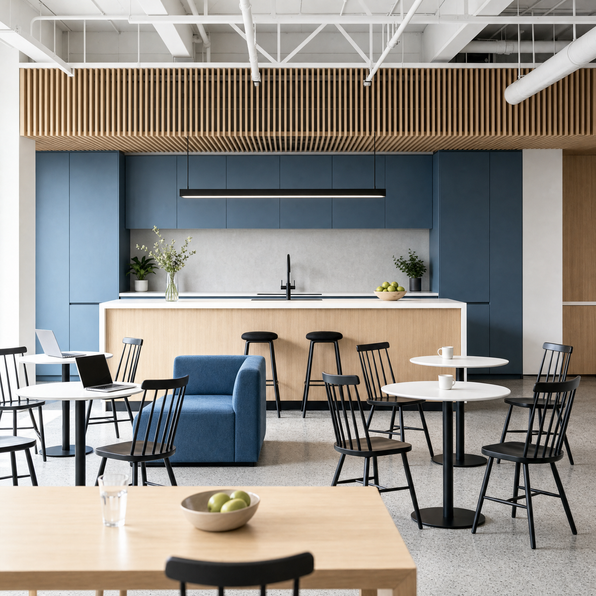 Modern LED Linear Suspension Light in a cafe lounge