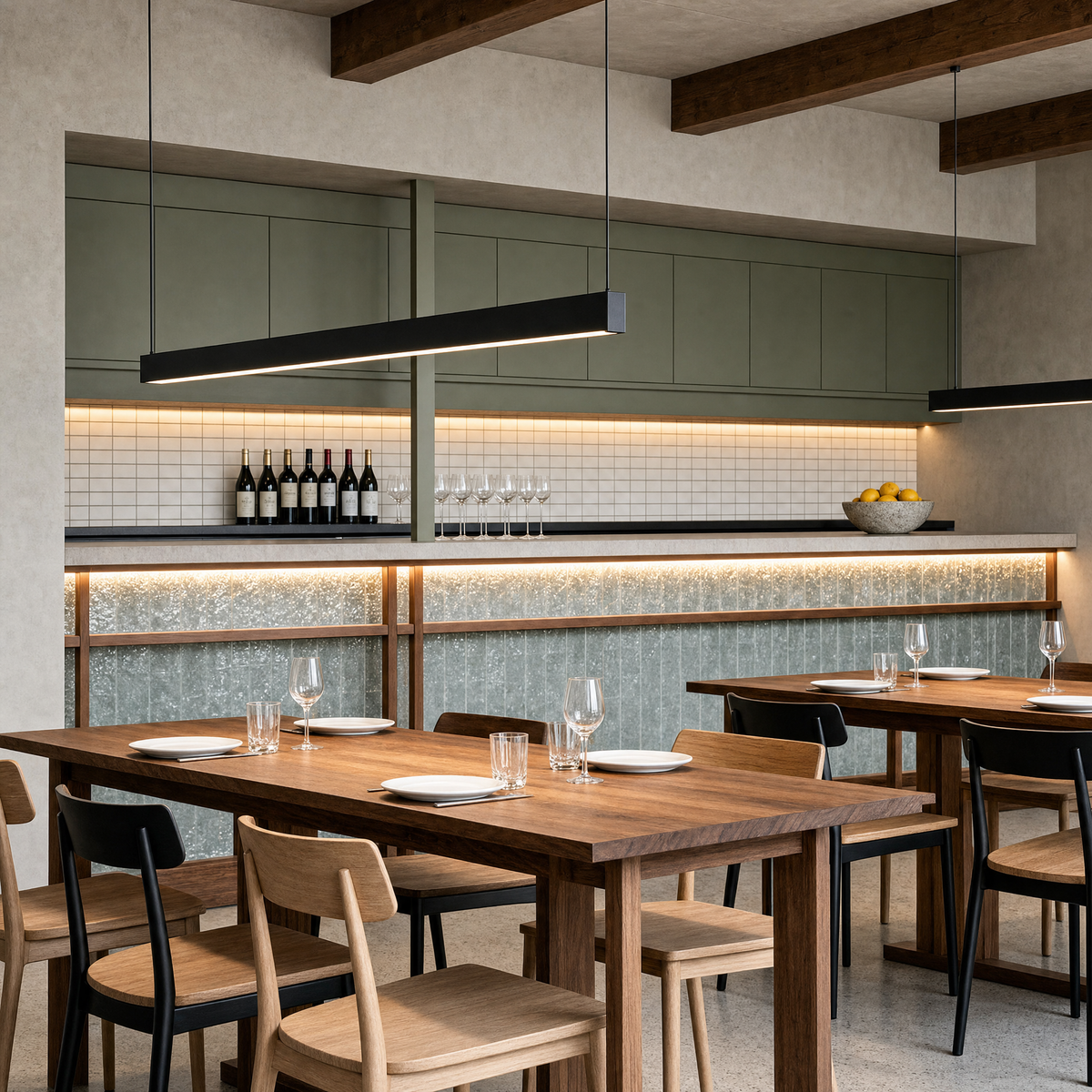 Modern LED Linear Suspension Light in a restaurant dining room