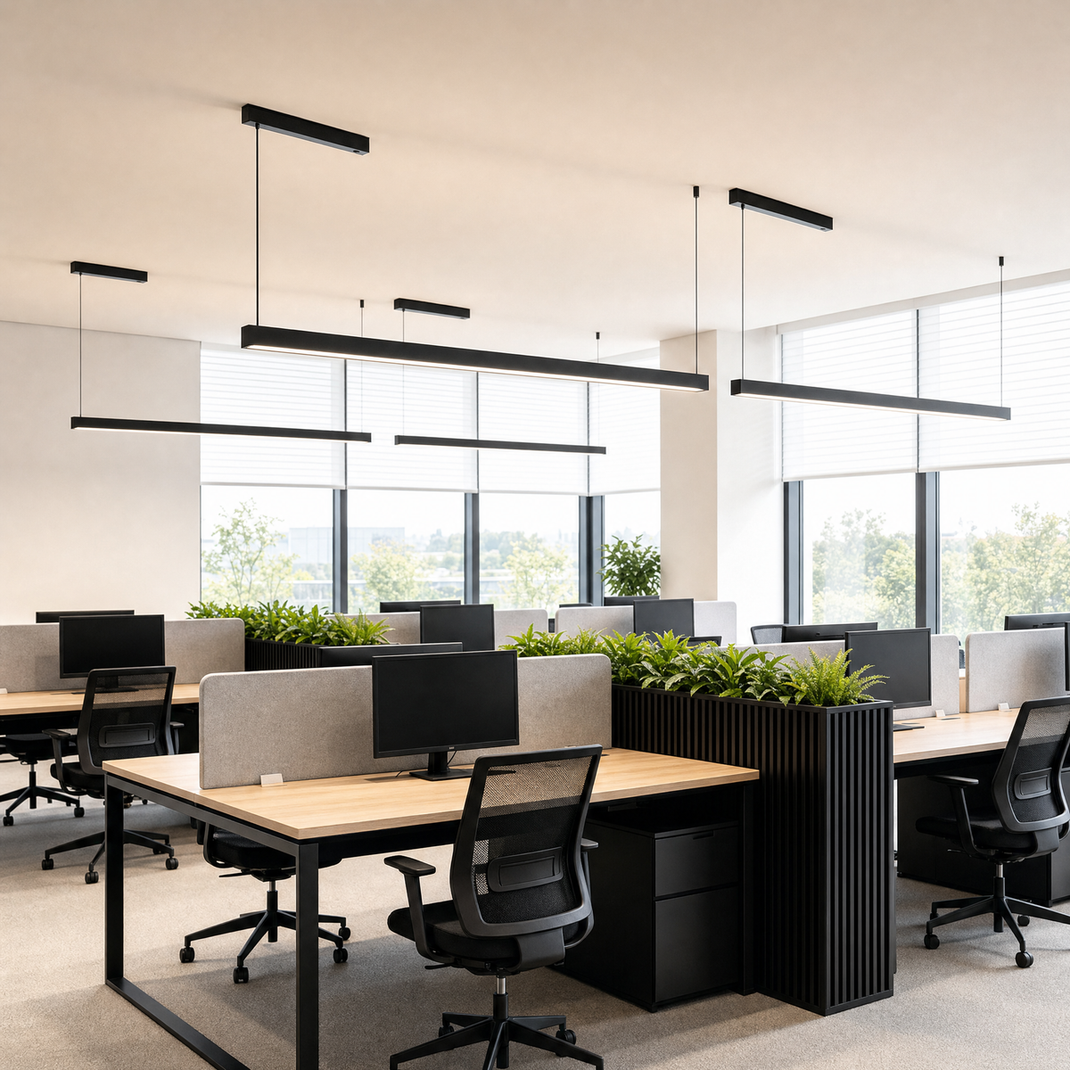 Modern LED Linear Suspension Lights in an open plan office