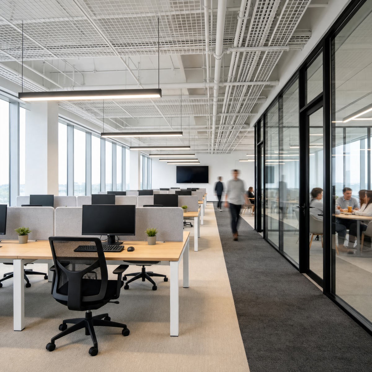 Modern LED Linear Suspension Lights in an office corridor