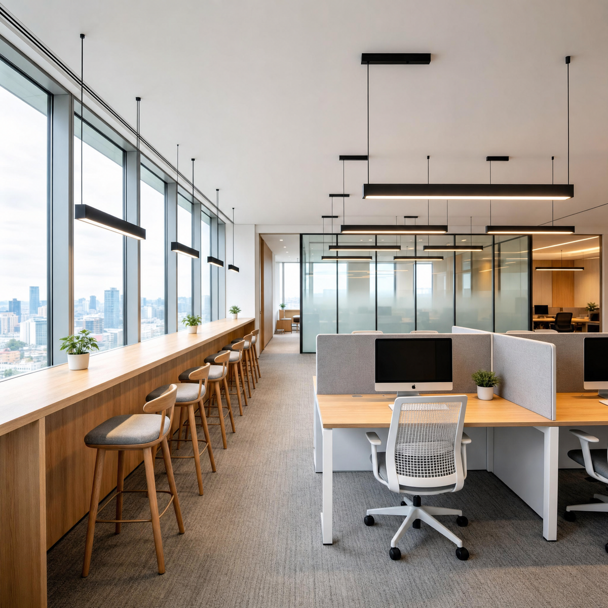 Modern LED Linear Suspension Lights above an office window counter