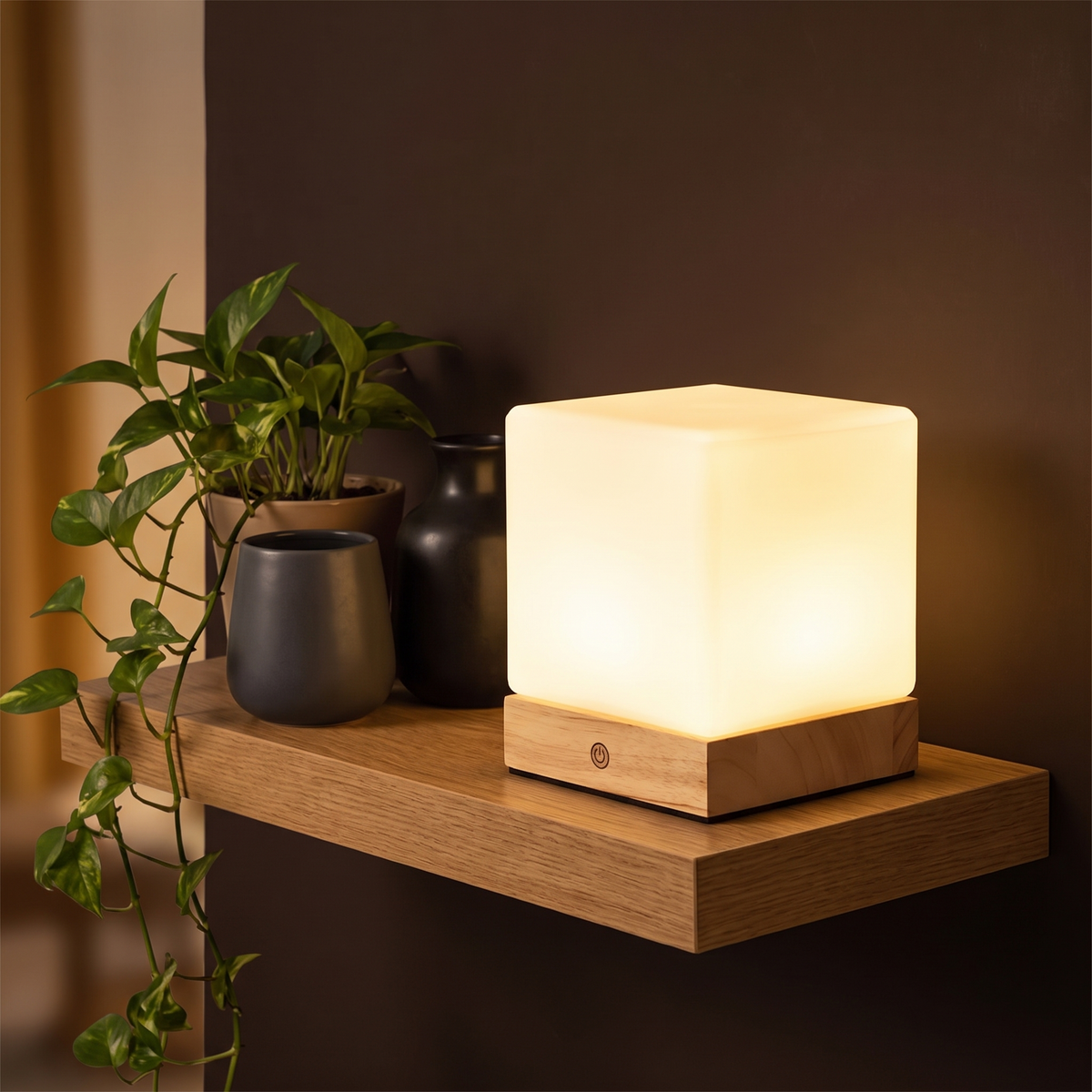 Square Wood Cube Lamp on a floating oak shelf