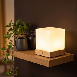 Square Wood Cube Lamp on a floating oak shelf