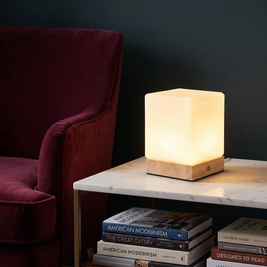 Square Wood Cube Lamp in a reading corner