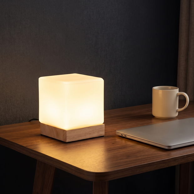 Square Wood Cube Lamp on a walnut desk