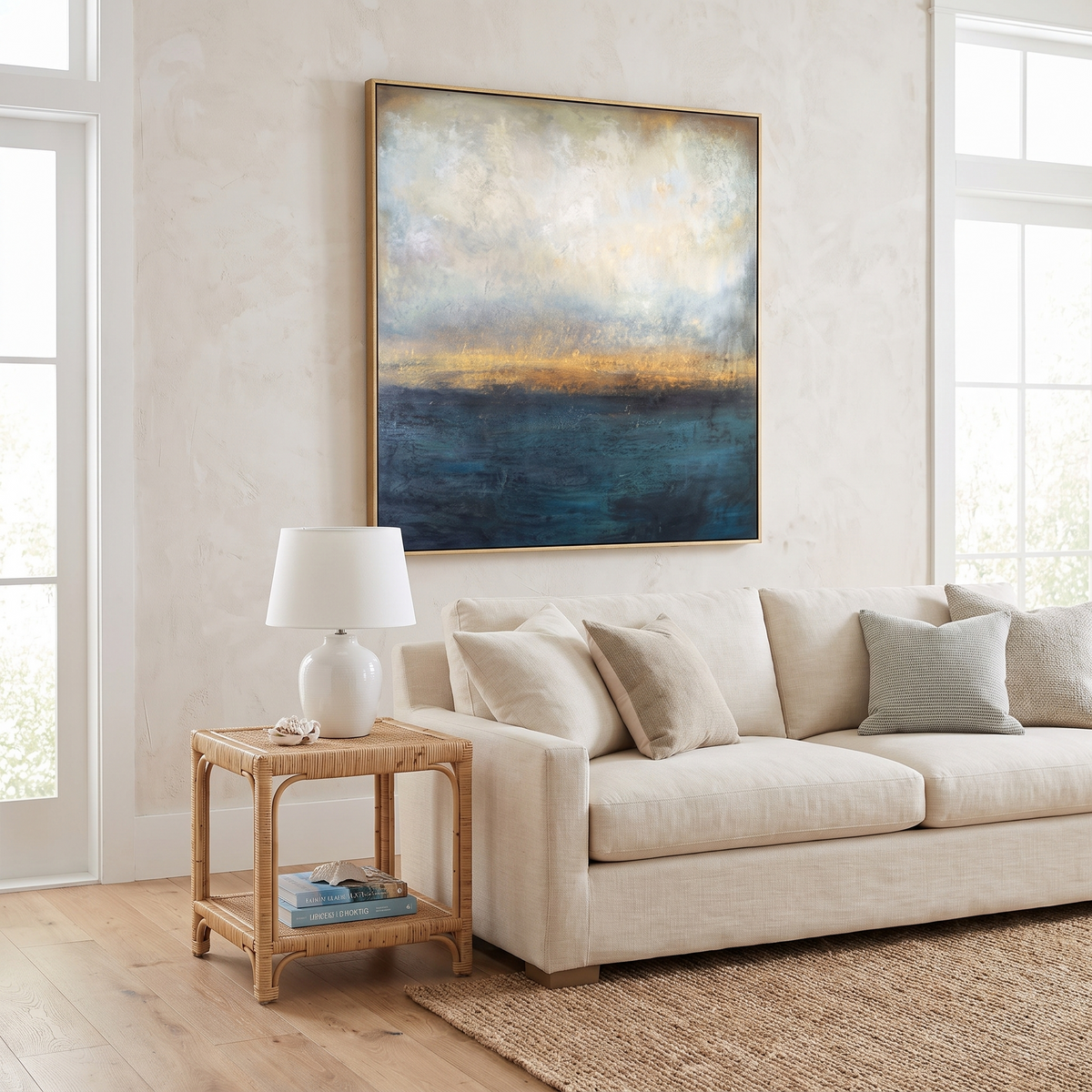 Daybreak Abstract Coastal Canvas Wall Art in a modern living room