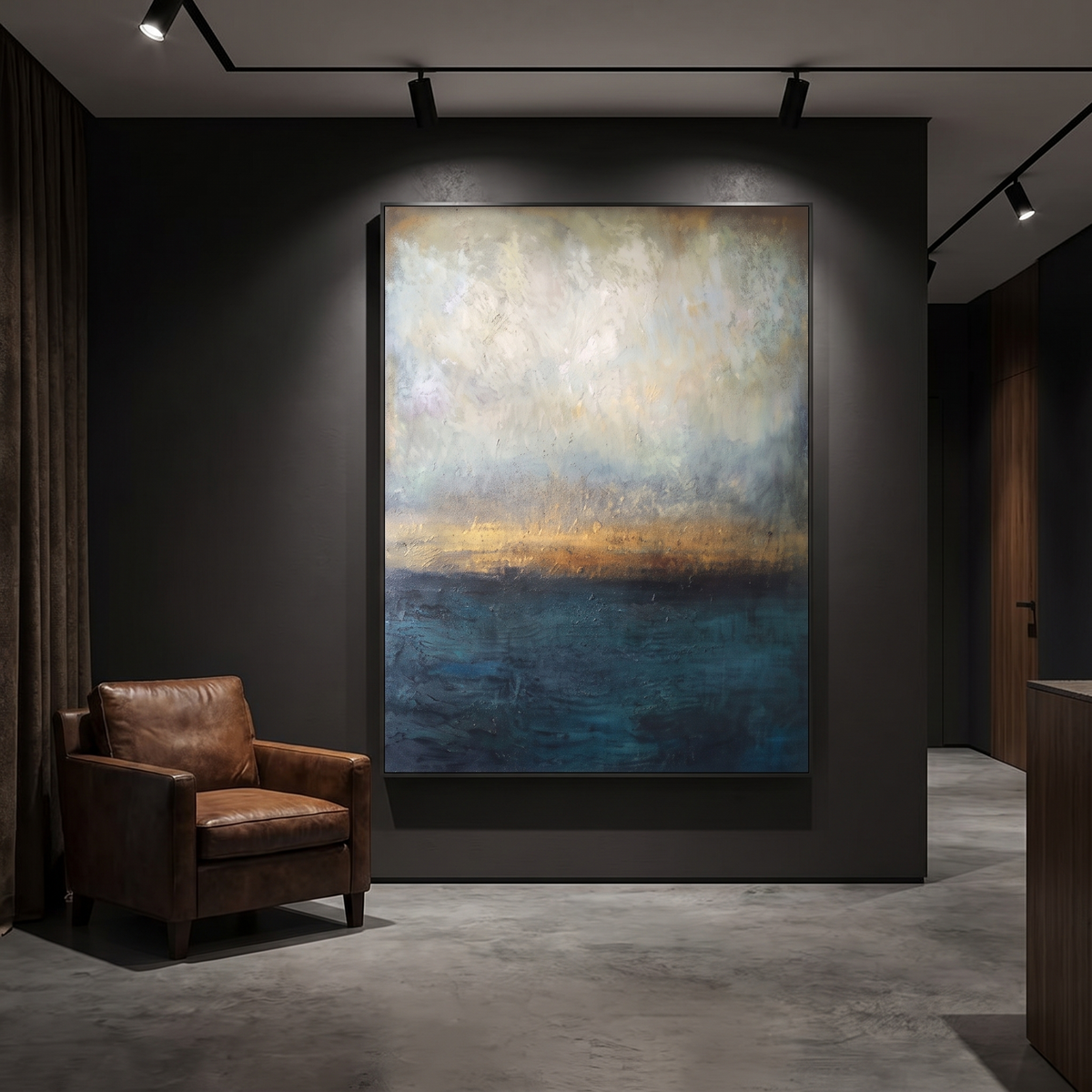Daybreak Abstract Coastal Canvas Wall Art lit in a modern lounge