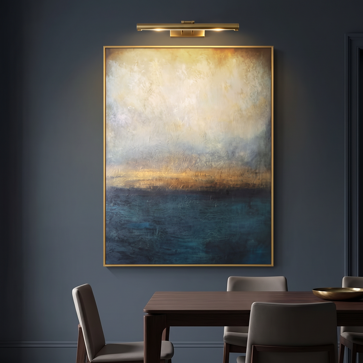 Daybreak Abstract Coastal Canvas Wall Art with dramatic gallery lighting