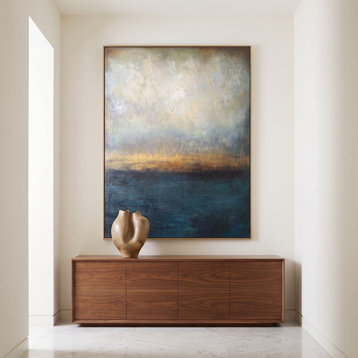 Daybreak Abstract Coastal Canvas Wall Art in a contemporary hallway