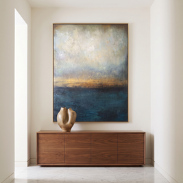 Daybreak Abstract Coastal Canvas Wall Art in a contemporary hallway