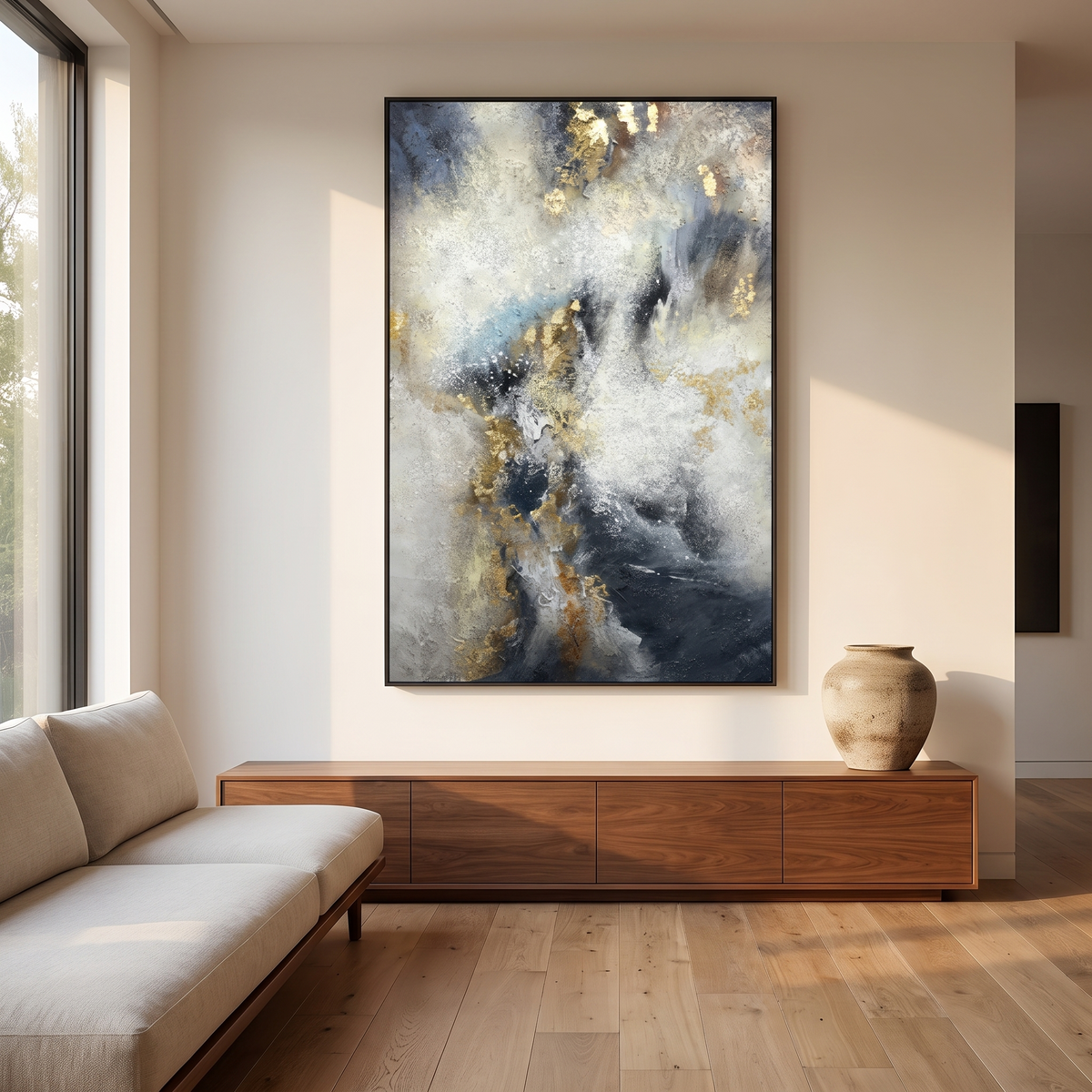 Clouds Of Glory Abstract Canvas Wall Art in a modern living room