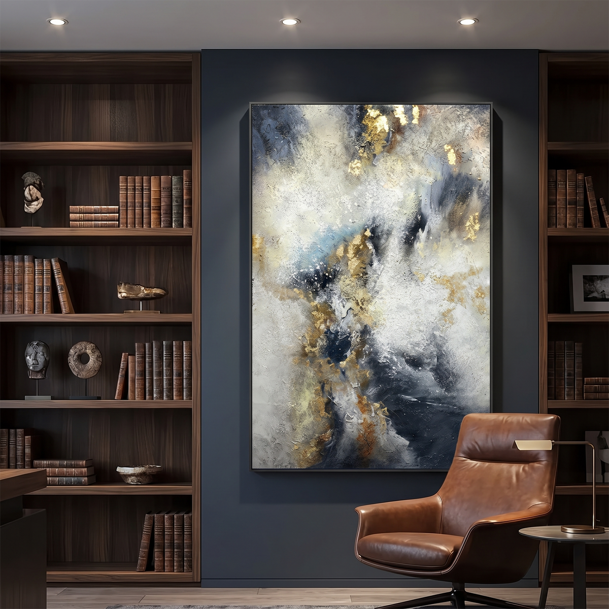 Clouds Of Glory Abstract Canvas Wall Art lit in a modern study