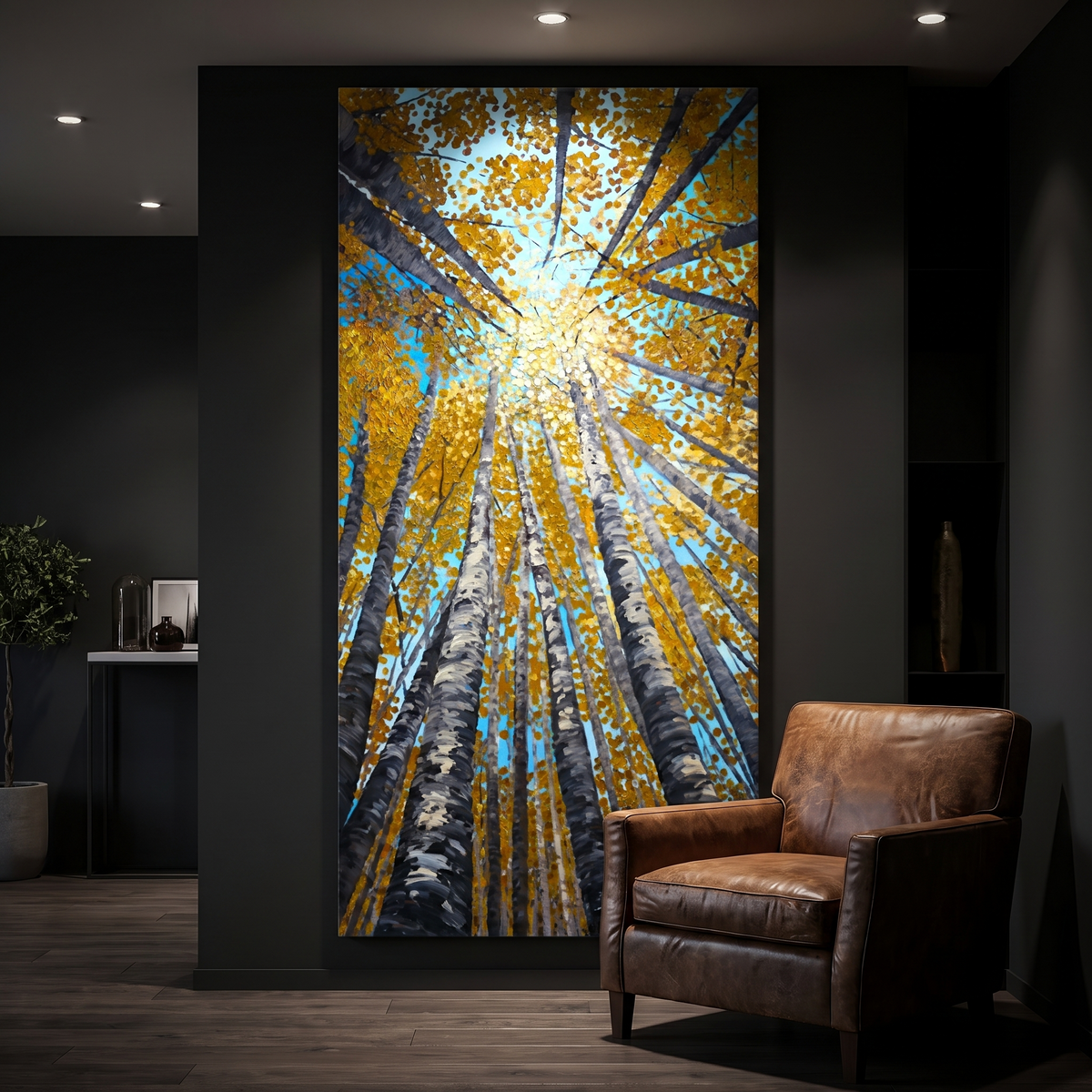 Fall Aspen Glow Canvas Wall Art lit in a modern lounge