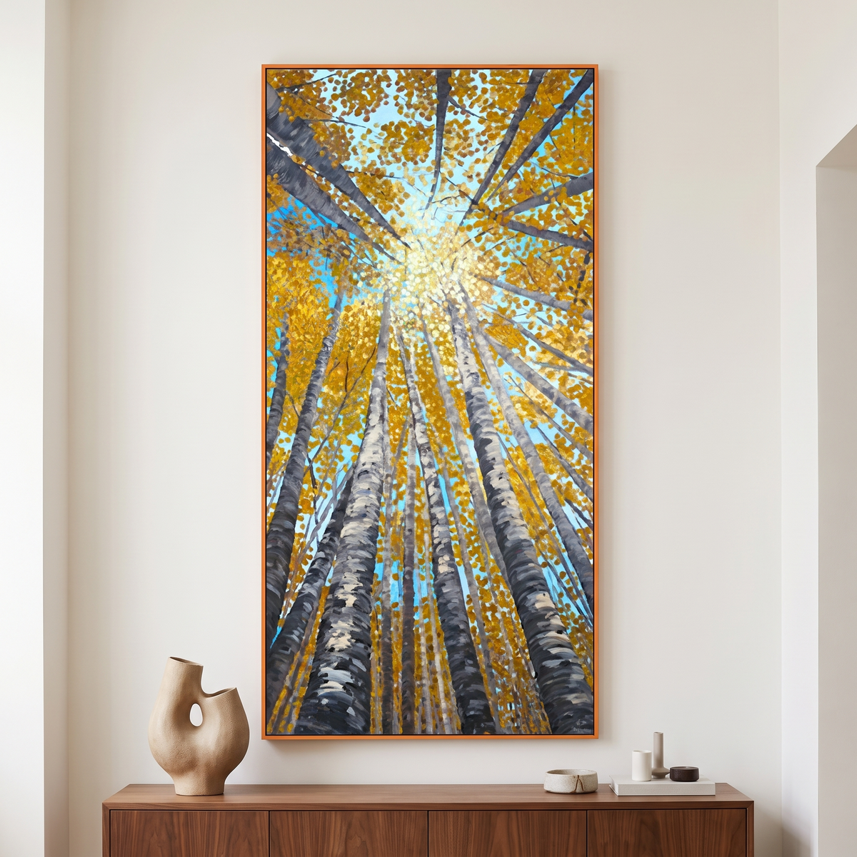 Fall Aspen Glow Canvas Wall Art in a contemporary hallway