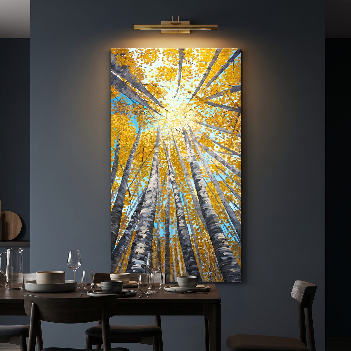 Fall Aspen Glow Canvas Wall Art with dramatic gallery lighting