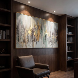 Golden Rainfall Abstract Gold Leaf Canvas Wall Art lit in a modern study