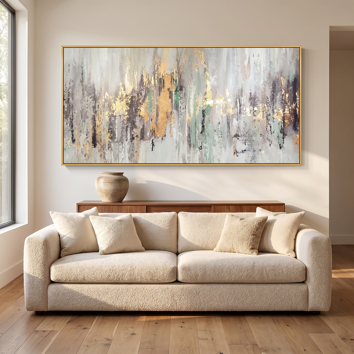 Golden Rainfall Abstract Gold Leaf Canvas Wall Art in a modern living room
