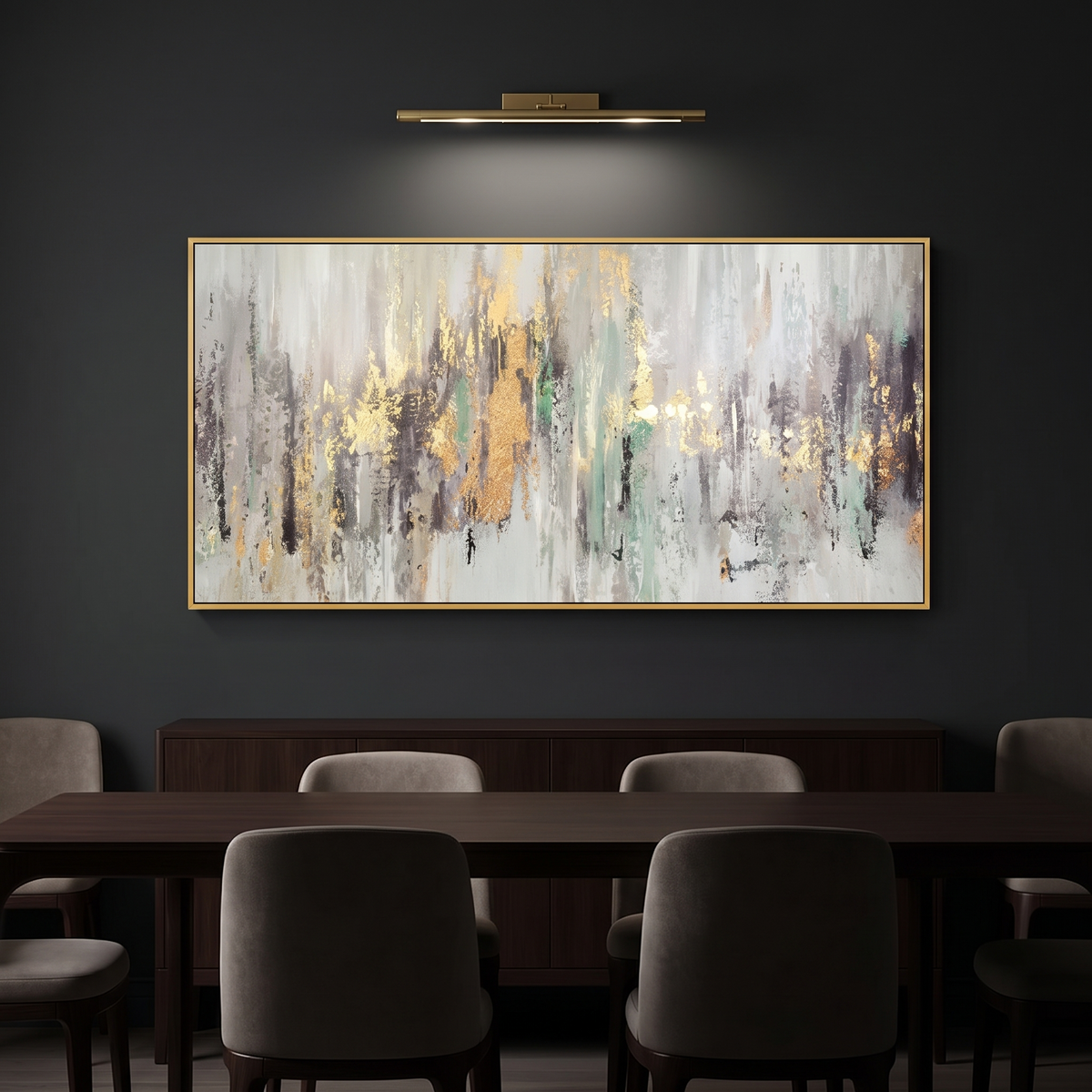Golden Rainfall Abstract Gold Leaf Canvas Wall Art with dramatic gallery lighting