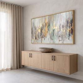 Golden Rainfall Abstract Gold Leaf Canvas Wall Art in a contemporary entryway