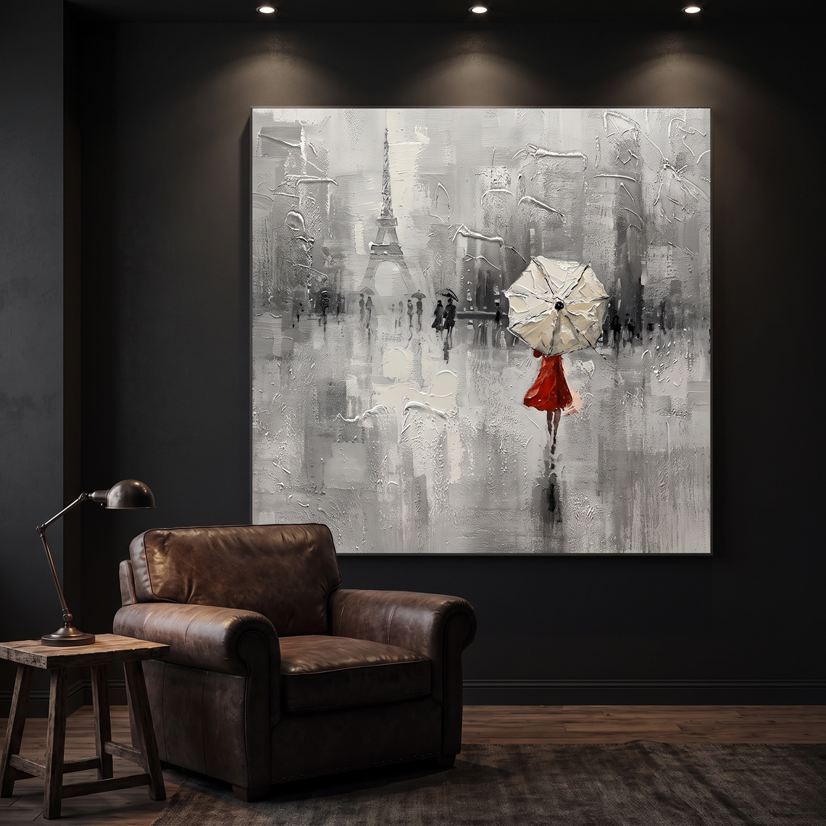 Eiffel Tower Canvas Wall Art lit in a modern lounge