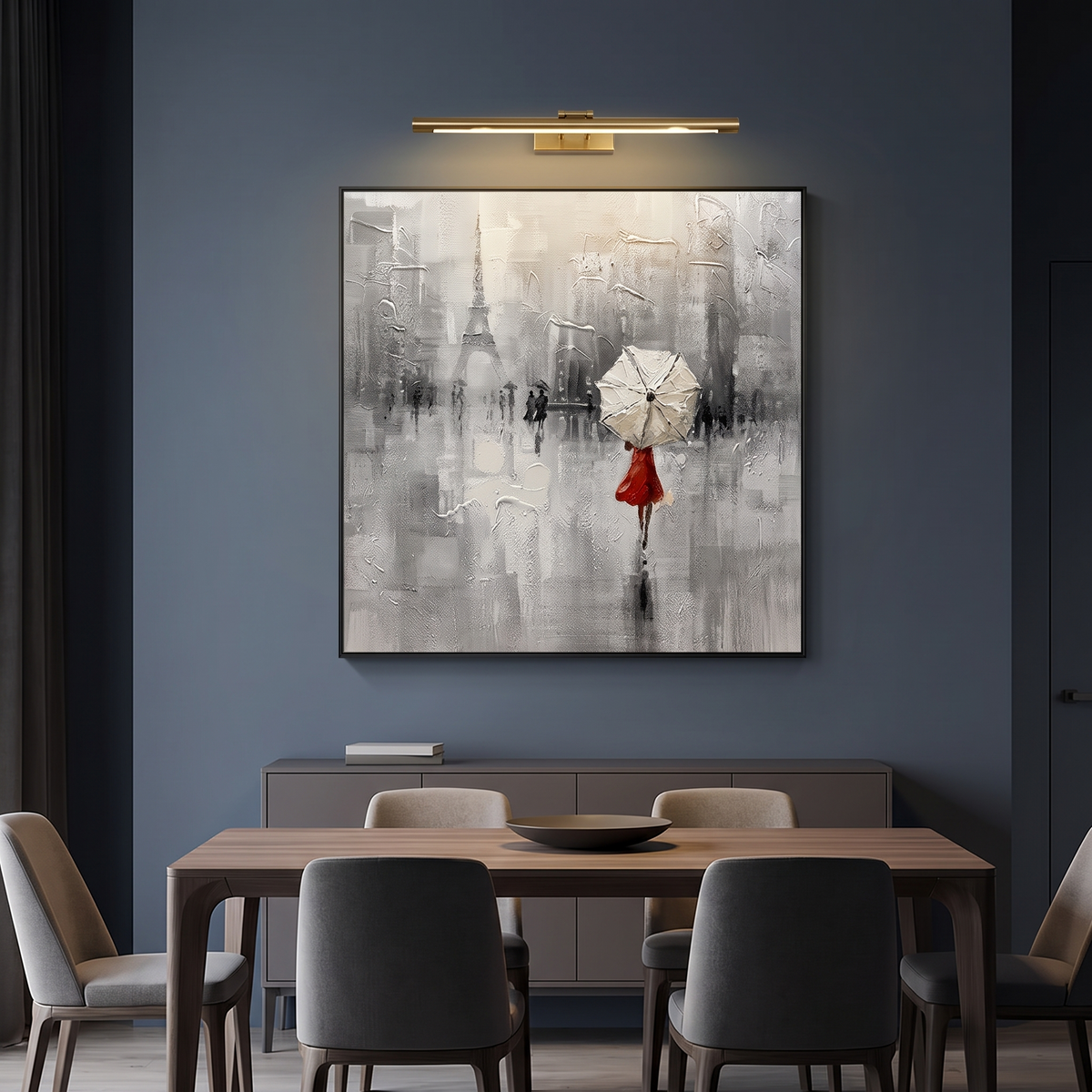 Eiffel Tower Canvas Wall Art with dramatic gallery lighting