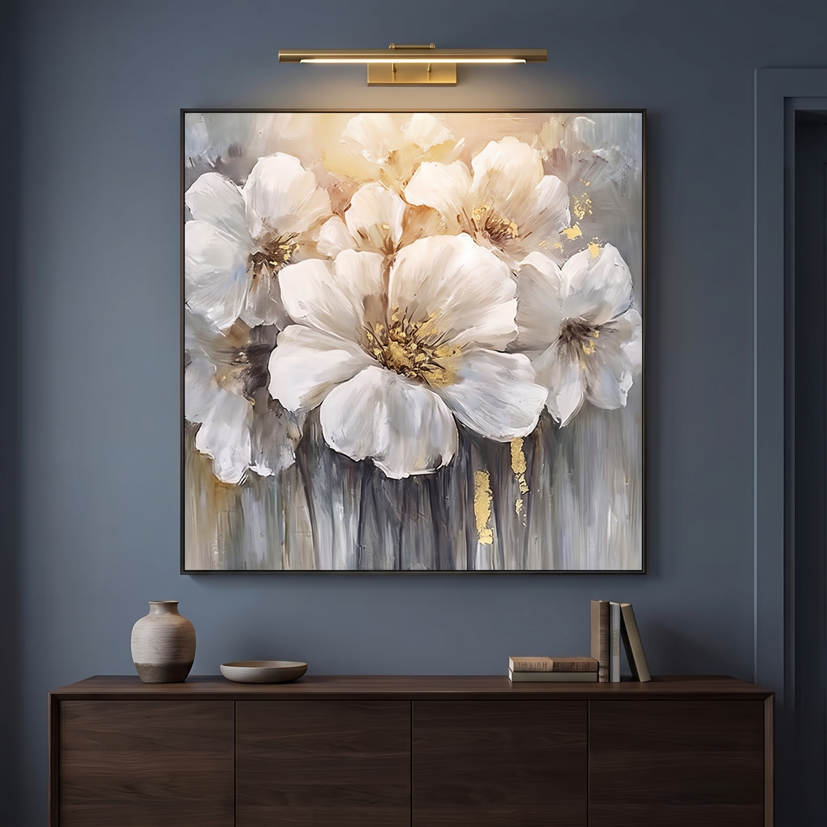 Field Of White Floral Square Canvas Art with dramatic gallery lighting
