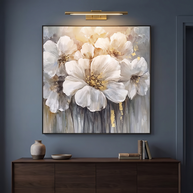 Field Of White Floral Square Canvas Art with dramatic gallery lighting