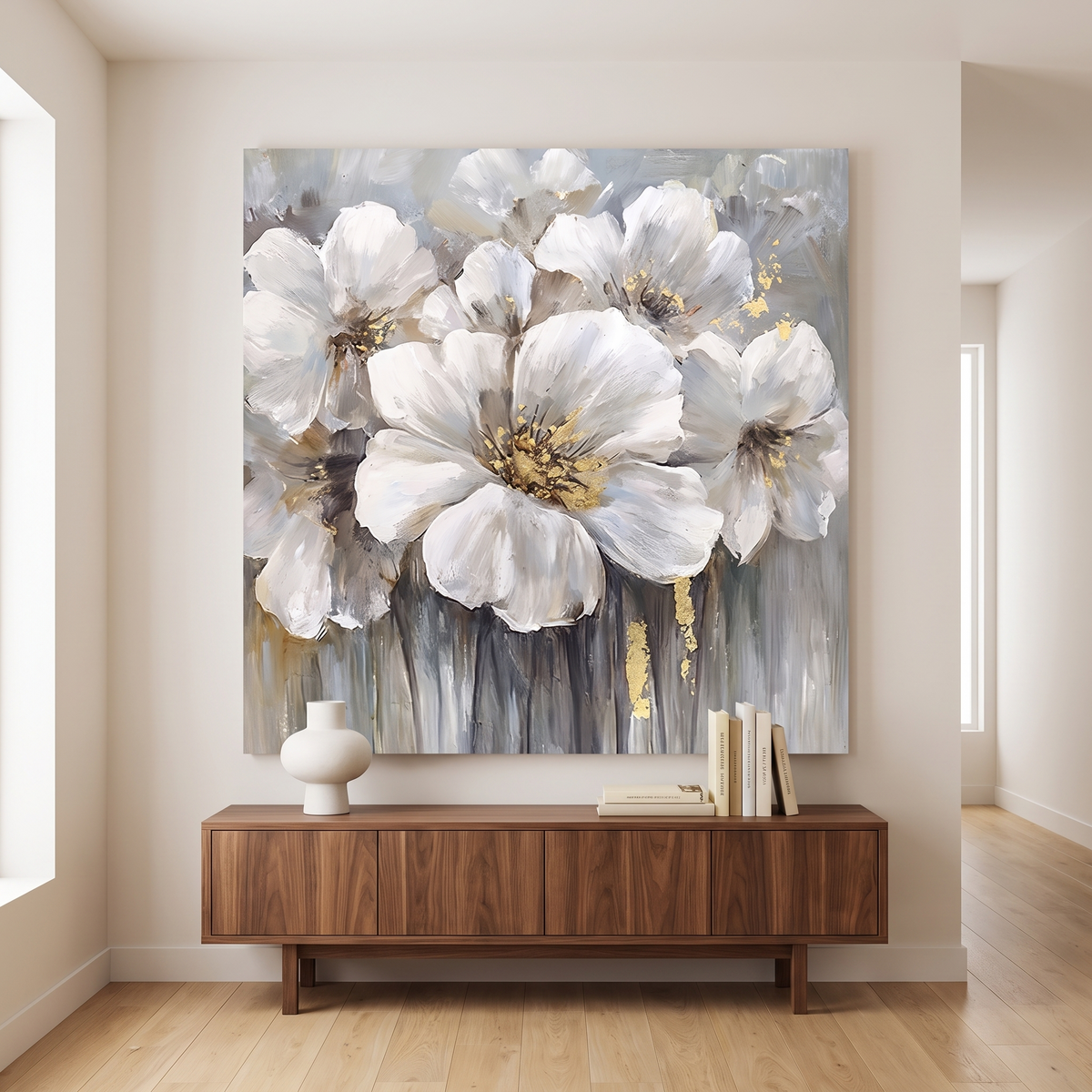 Field Of White Floral Square Canvas Art in a contemporary hallway
